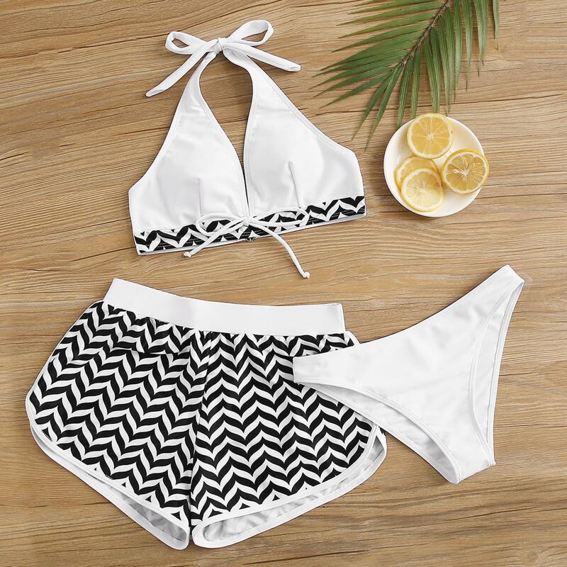 

Geo Print Halter Top & Bottom & Shorts, Black and white