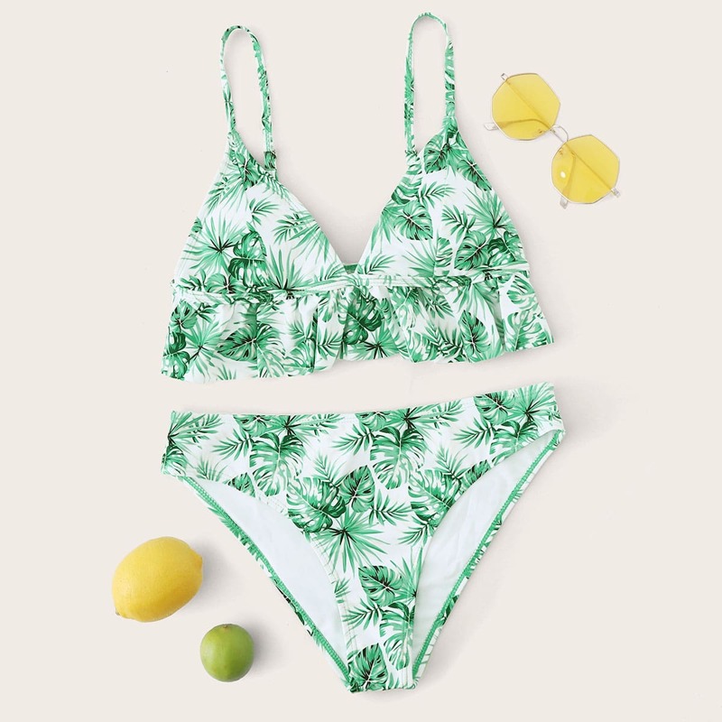 

Tropical Ruffle Hem Triangle Bikini Swimsuit, Green