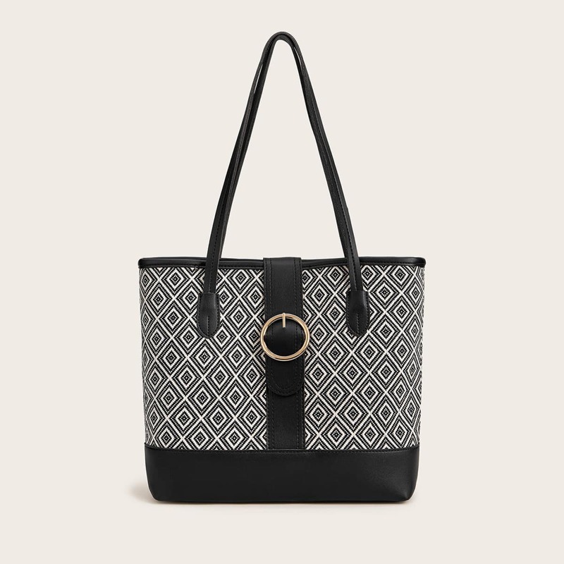 

Geo Graphic Buckle Decor Tote Bag, Black