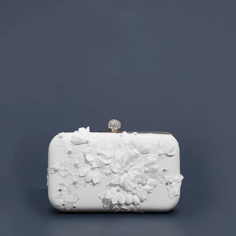 

Floral Appliques Clip Top Clutch Bag, White