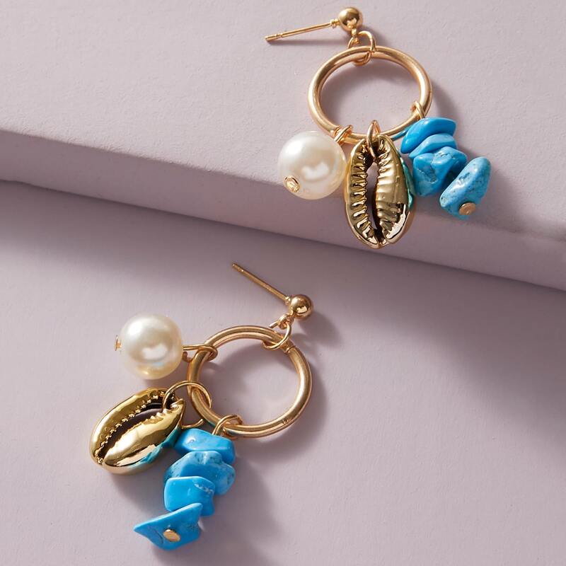 

1pair Faux Pearl & Shell Decor Drop Earrings, Gold