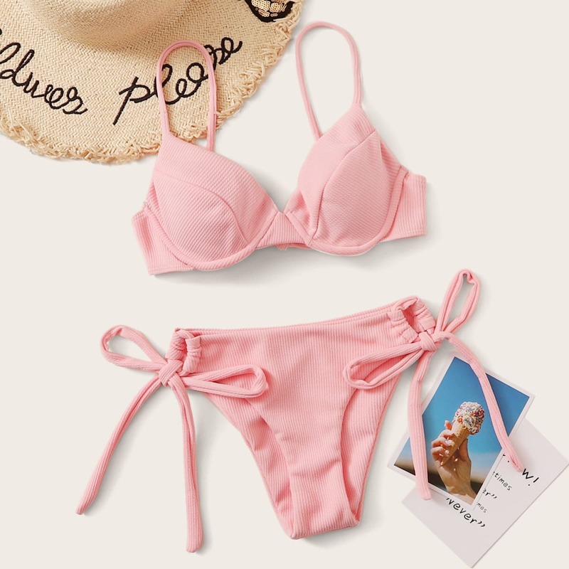 

Ribbed Push Up Tie Side Bikini, Pink
