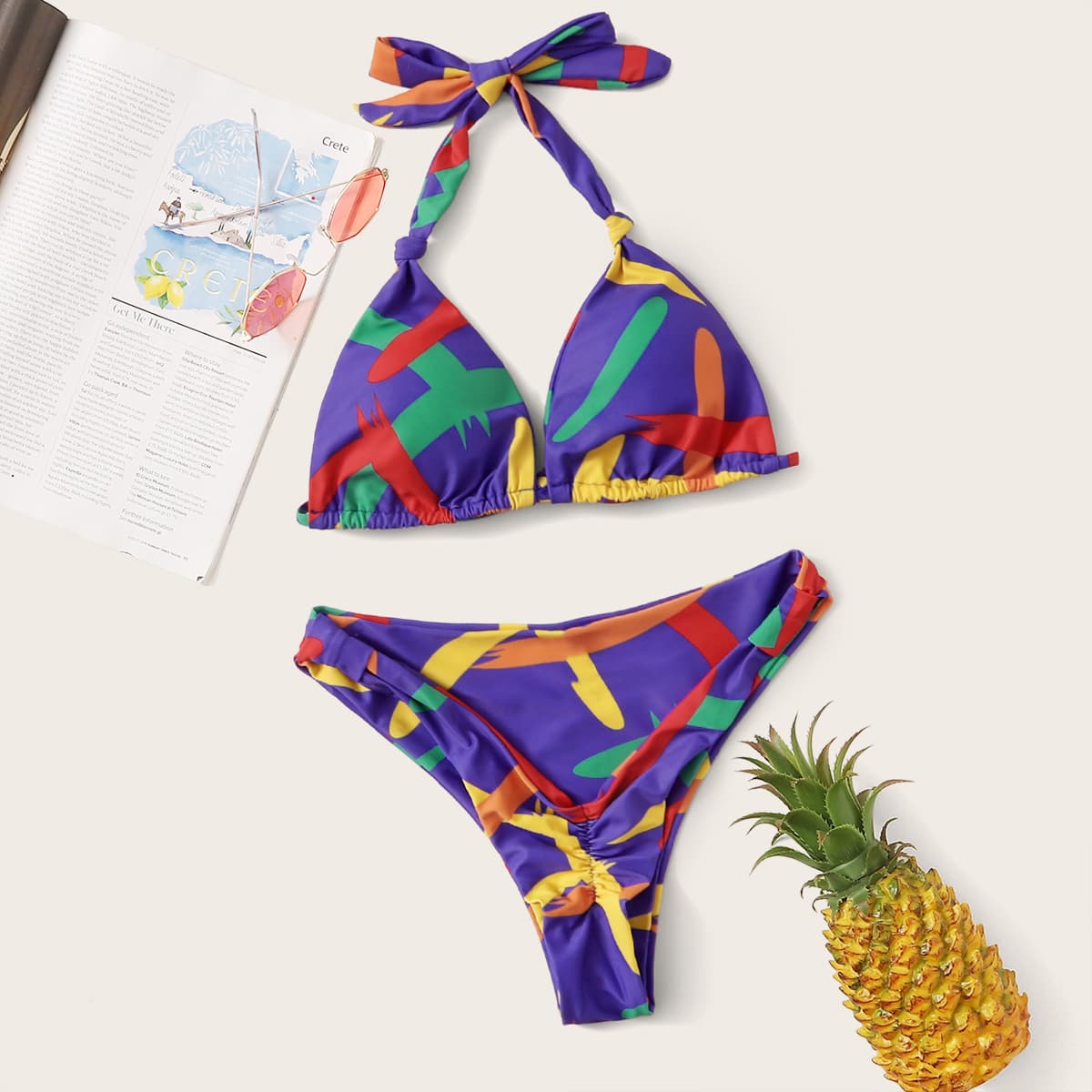 

Graphic Halter Triangle High Cut Bikini Swimsuit, Multicolor