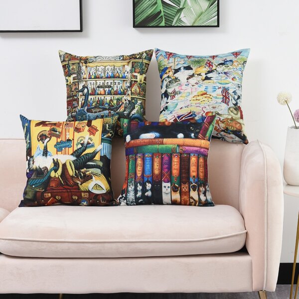 

1pc Cat Overlay Print Cushion Cover Without Filler, Multicolor
