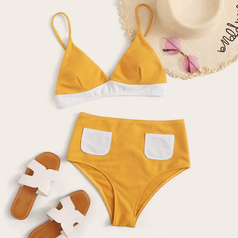 

Colorblock Ribbed Pocket Front Bikini Swimsuit, Yellow