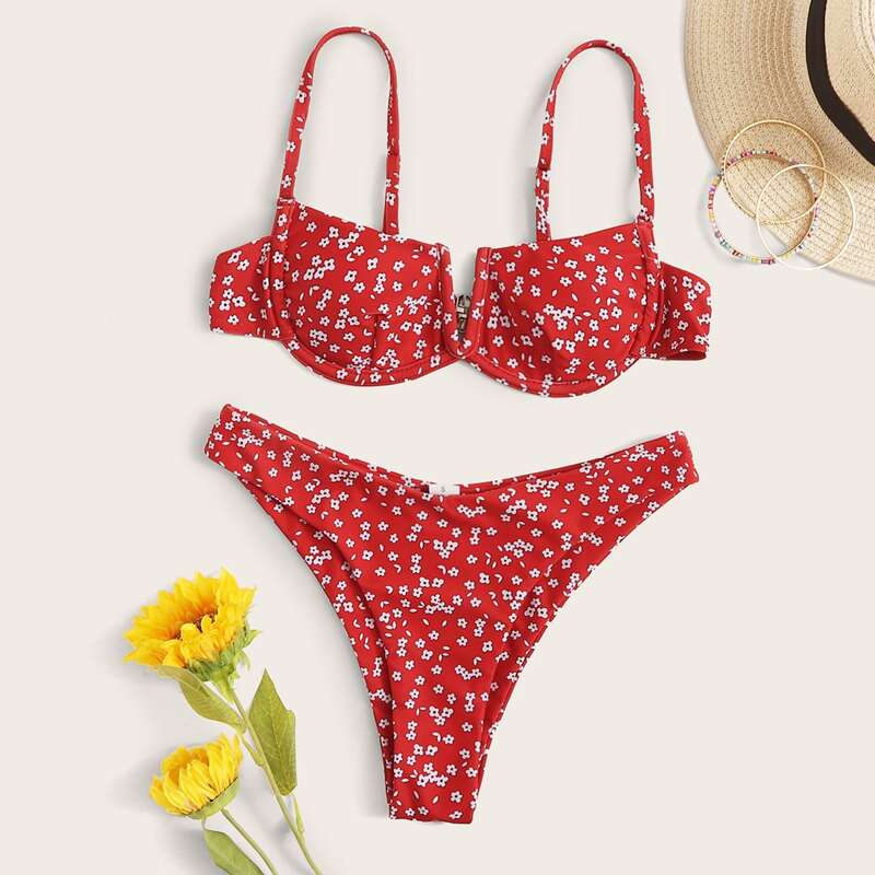 

Ditsy Floral V-wired High Cut Bikini Swimsuit, Red