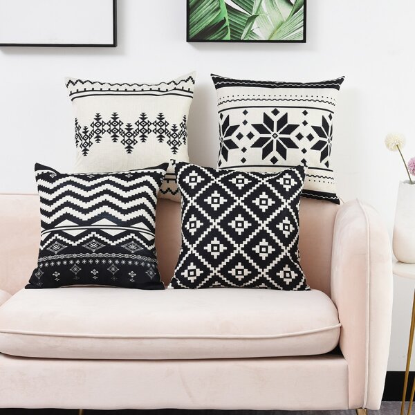 

1pc Geometric Pattern Cushion Cover Without Filler, Black and white