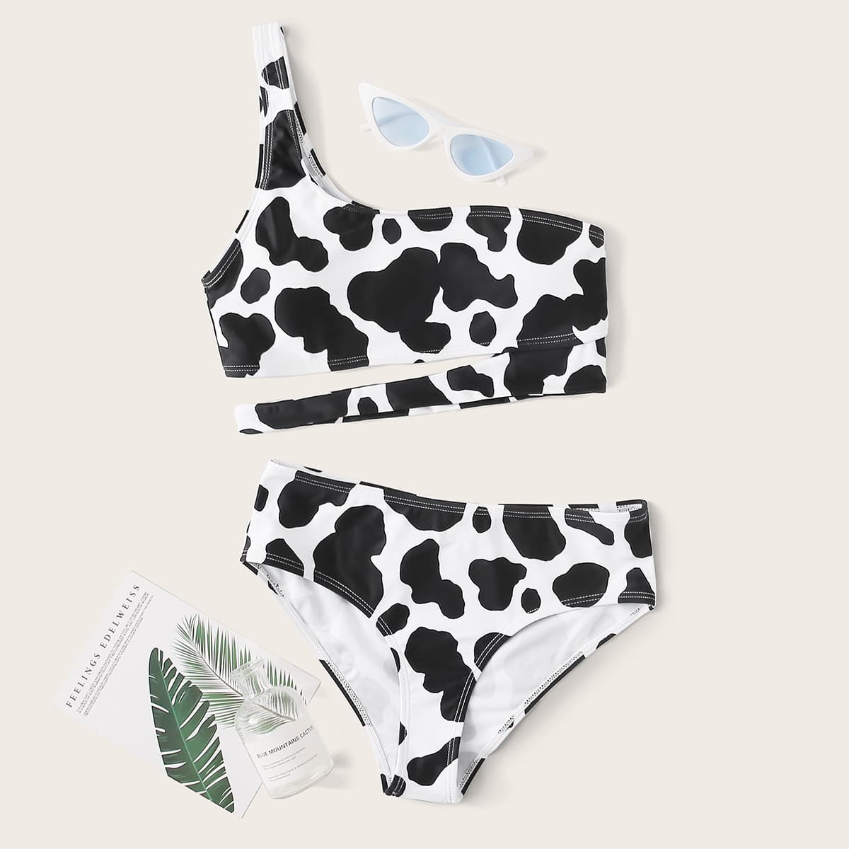 

Cow Print One Shoulder Bikini Swimsuit, Black and white