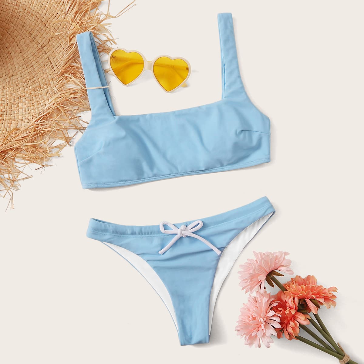 

Blue Square Neck Tie Front Bikini Swimsuit