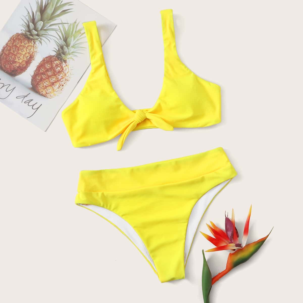 

Neon Yellow Tie Front Bikini Swimsuit, Yellow bright