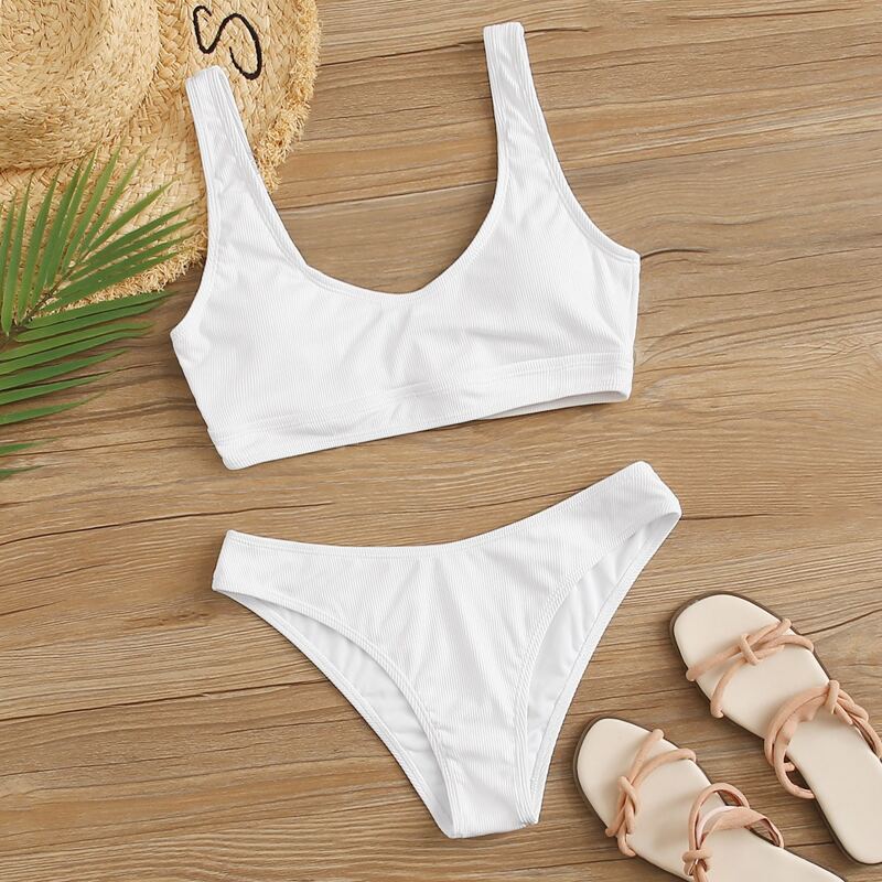 

White Ribbed Scooped Bikini Swimsuit