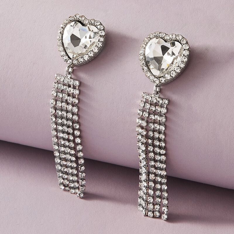 

1pair Heart Decor Rhinestone Engraved Tassel Drop Earrings, Silver
