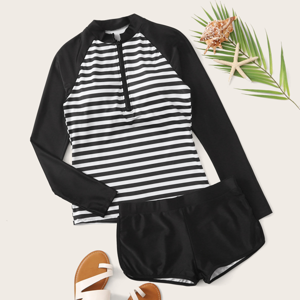 

Striped Long Sleeve Bikini Swimsuit, Black and white