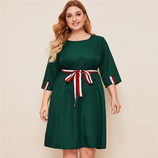 

Plus Striped Tape Self Tie Tunic Dress, Green