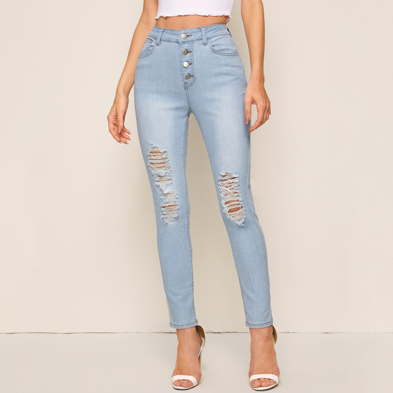 

Ripped Button Fly Skinny Jeans, Blue
