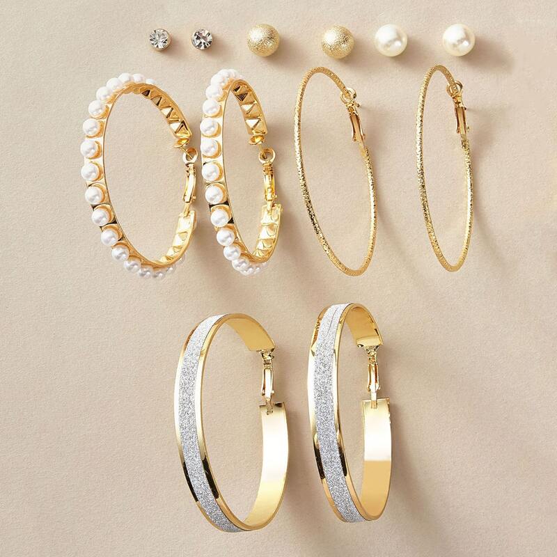 

6pairs Rhinestone Decor Faux Pearl Decor Earrings, Multicolor