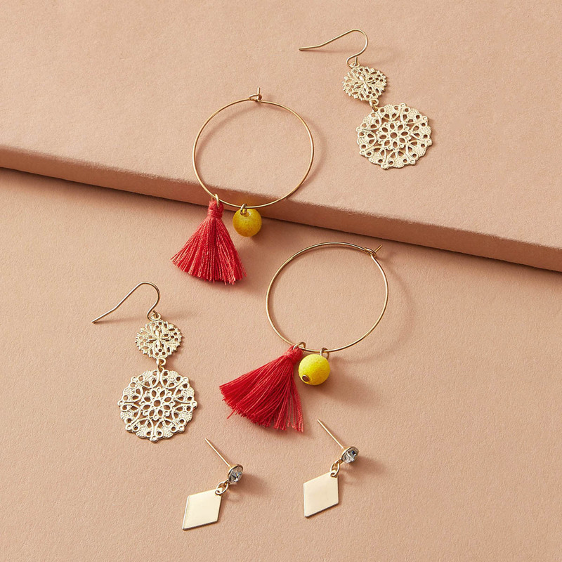 

3pairs Tassel & Geometric Decor Drop Earrings, Multicolor