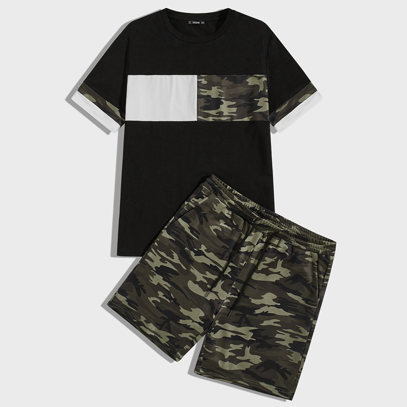 

Guys Cut-and-sew Top & Camo Sweat Shorts Set, Multicolor