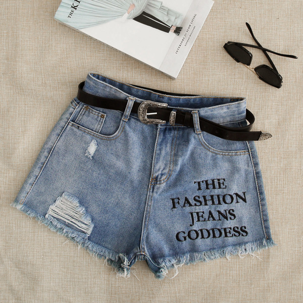 

Slogan Embroidery Raw Hem Denim Shorts Without Belt, Blue