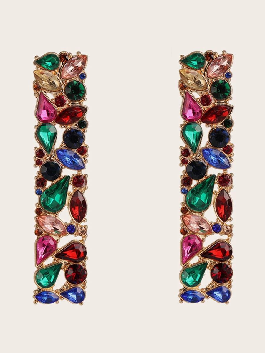 1pair Colourful Gemstone Engraved Geometric Earrings - Multicolor - View 1