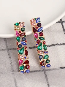 1pair Colourful Gemstone Engraved Geometric Earrings - Multicolor - View 2
