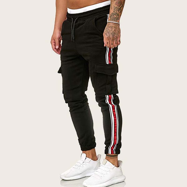 

Men Side Stripe Flap Pockets Pants, Black