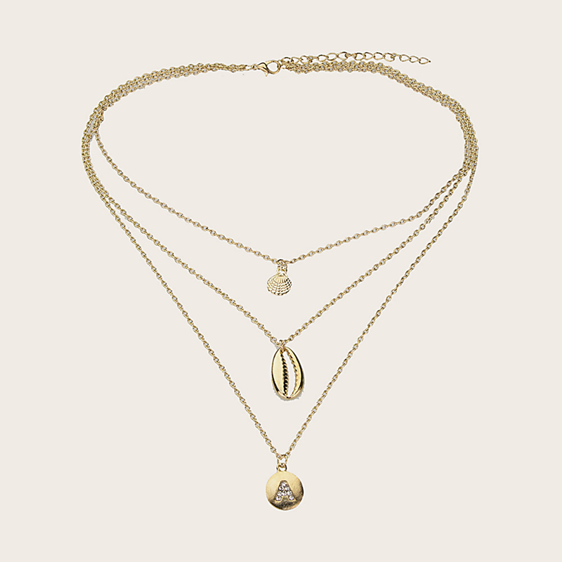

1pc Rhinestone Engraved Shell Charm Layered Necklace, Gold