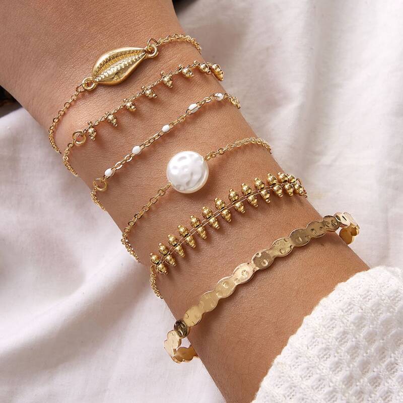 

6pcs Bead Tassel & Shell Decor Bracelet, Gold