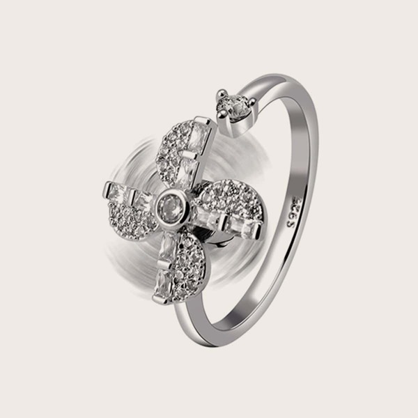 

1pc Rhinestone Engraved Rotatable Ring, Silver