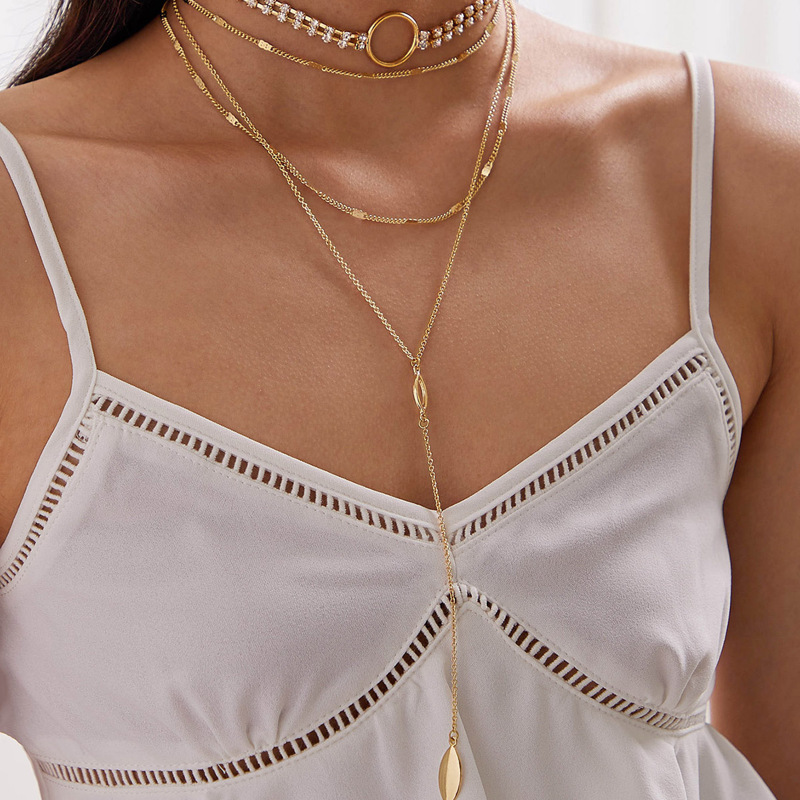 

2pcs Rhinestone Engraved Geometric Charm & Y Lariat Necklace, Gold