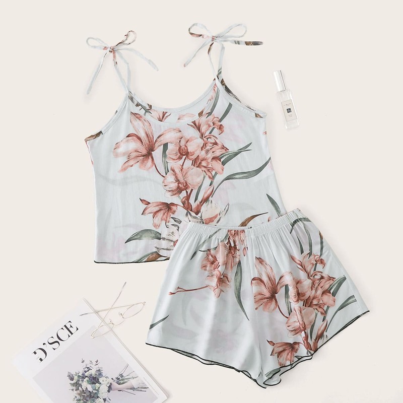 

Floral Print Cami Top & Shorts PJ Set, Blue pastel