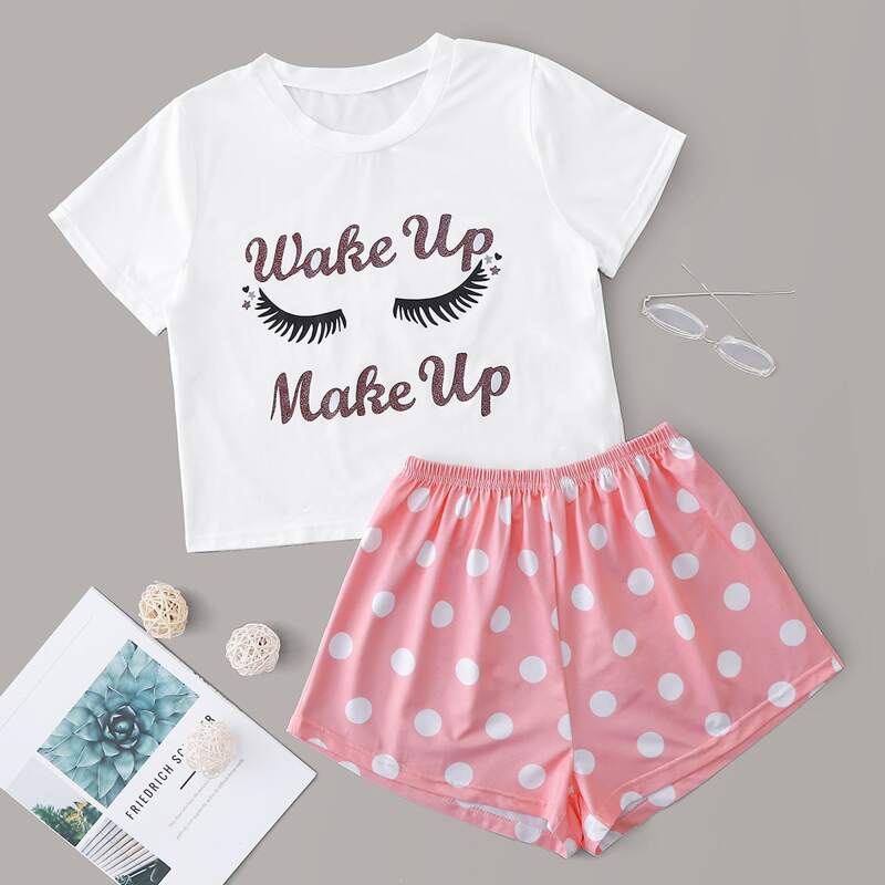 

Slogan Graphic Tee & Polka Dot Shorts PJ Set, Multicolor