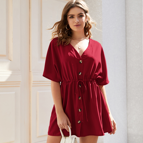 

Drawstring Waist Button Through A-line Dress, Burgundy
