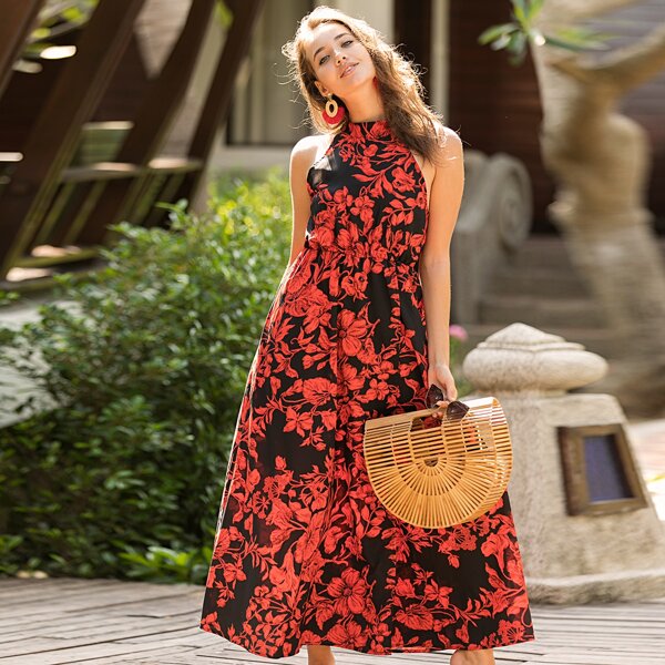 

Floral Print Halter Neck A-line Dress, Red