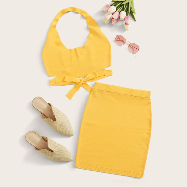 

Solid Criss Cross Tie Back Halter Knit Top & Bodycon Skirt, Yellow
