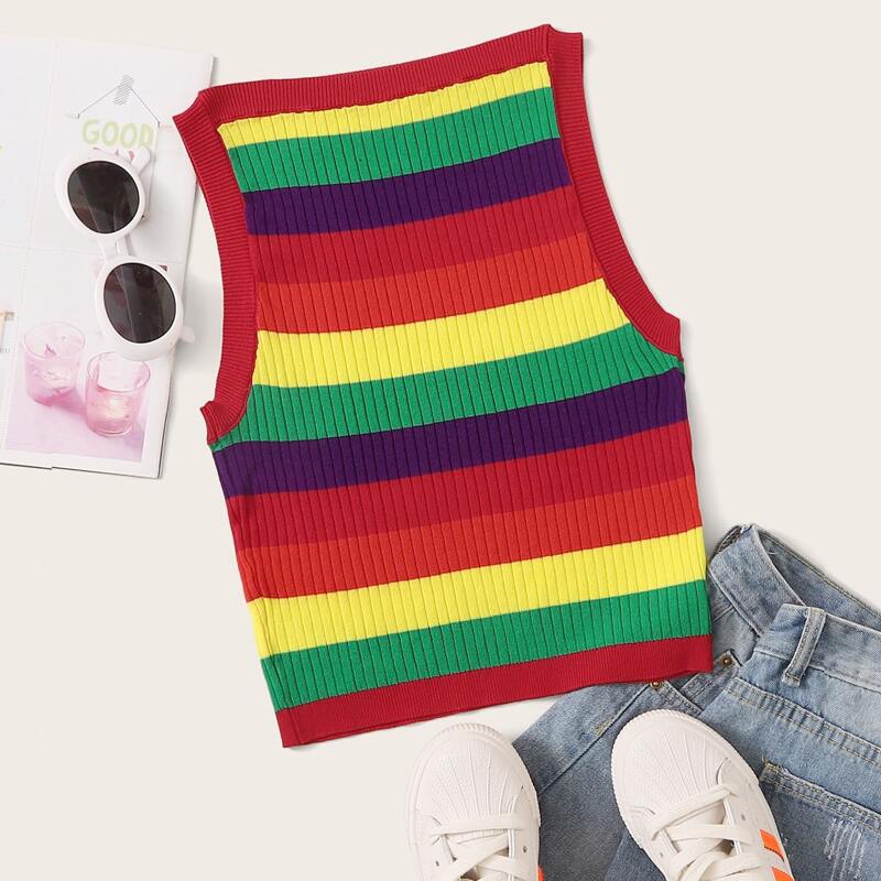 

Rainbow Striped Tank Knit Top, Multicolor