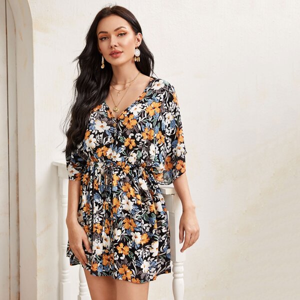 

Batwing Sleeve Drawstring Waist Allover Floral Dress, Multicolor