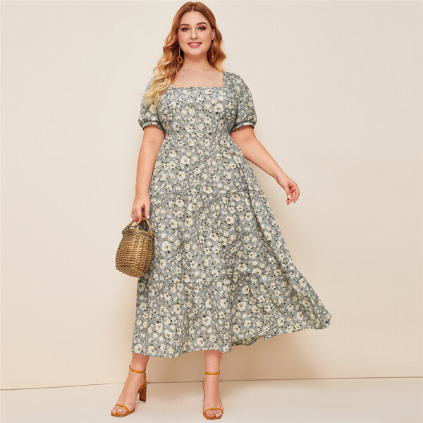 

Plus Puff Sleeve Layered Hem Floral Print Dress, Multicolor
