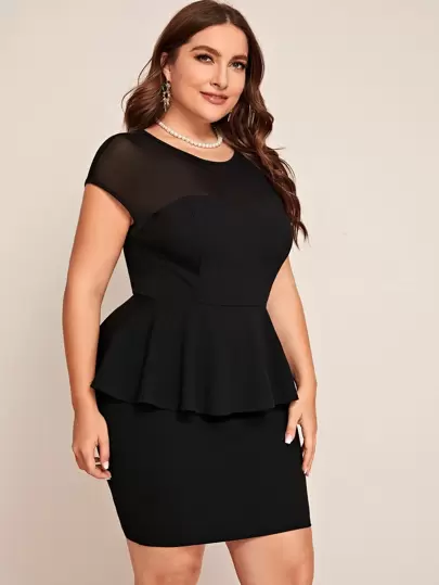 SHEIN Privé Plus Mesh Yoke Peplum Top and Skirt Set