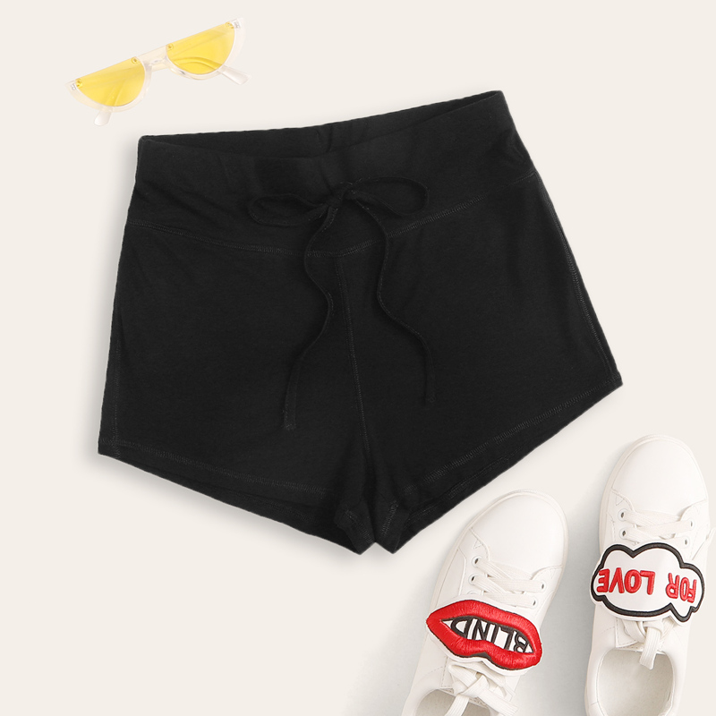 

Tie Waist Topstitch Biker Shorts, Black