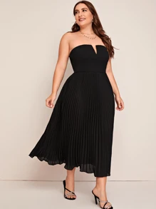 SHEIN Plus Notch Neck Pleated Tube Dress - Black - View 3