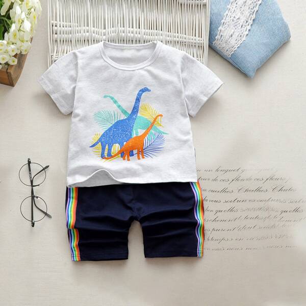 

Toddler Boys Dinosaur Print Tee & Rainbow Striped Pants, Multicolor