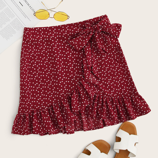 

Ruffle Hem Knotted Heart Print Skirt, Burgundy