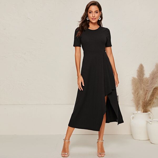 

Asymmetrical Hem Rib-knit Solid Dress, Black