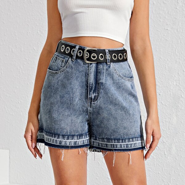 

Raw Hem Acid Wash Denim Shorts Without Belt, Blue