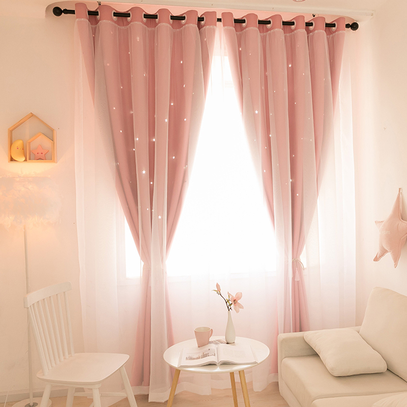 

1pc Star Hollow Out Double Layer Curtain, Pink