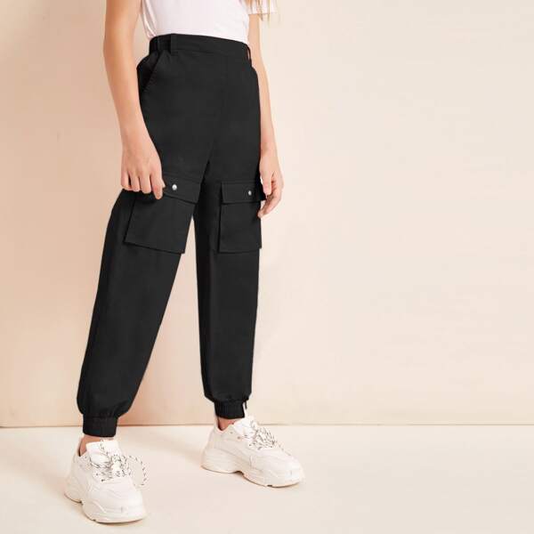 

Girls Flap Pocket Solid Cargo Pants, Black