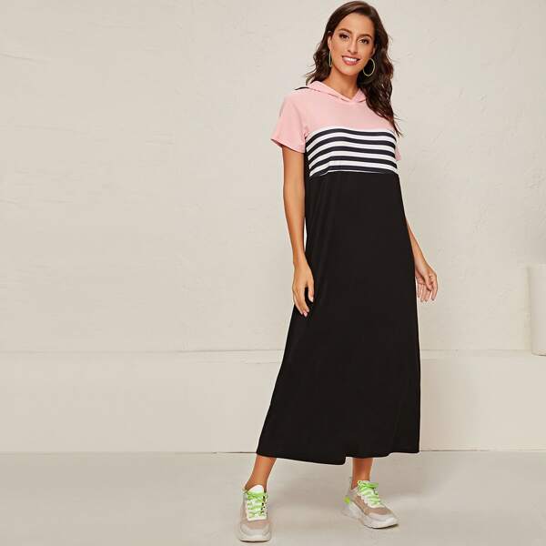 

Striped Color Block Hooded Dress, Black