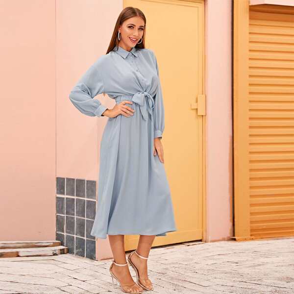 

Lantern Sleeve Tie Front Elastic Waist Dress, Pastel dusty blue