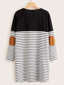 SHEIN LUNE Plus Patch Pocket Contrast Elbow Patch Striped Dress - Black and White - View 2